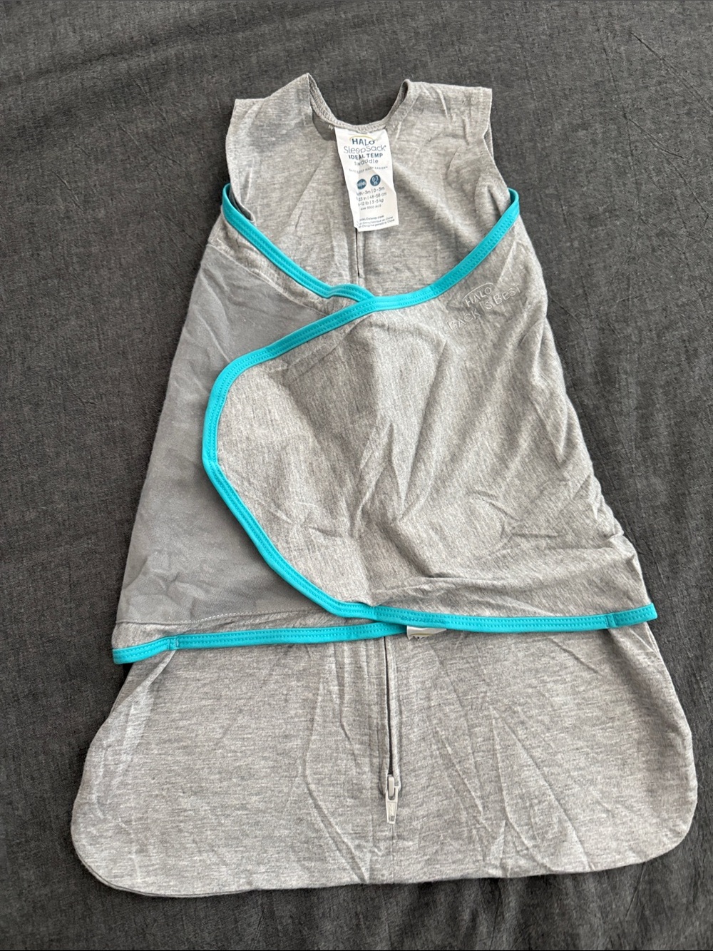 Halo IdealTemp Swaddle Sleep Sack - Gray w/ Teal Trim